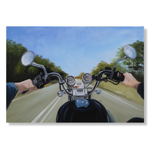 Een schilderij met een motorfiets.