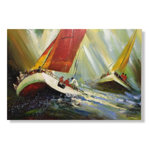 Een schilderij met zeilboten