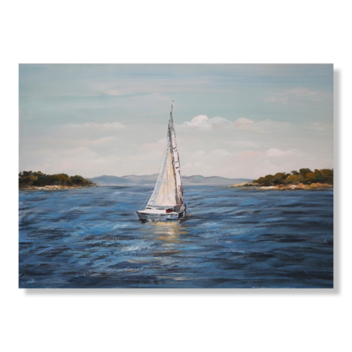 Een schilderij met een zeilboot