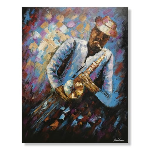 Een schilderij van een man met een saxofoon