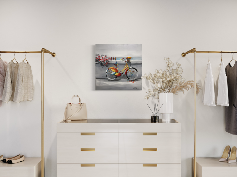 Een schilderij met een fiets