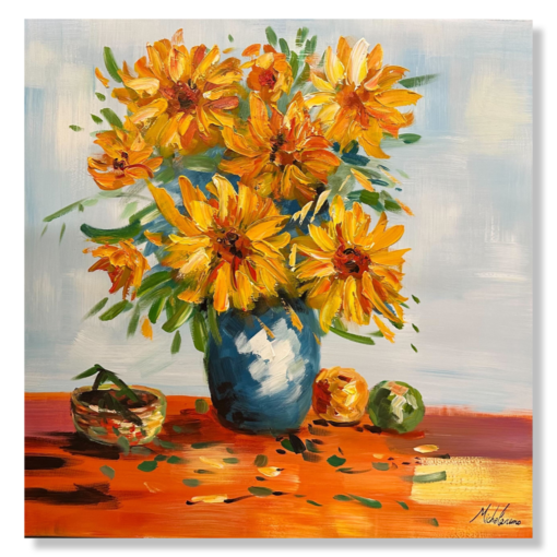 Een schilderij met zonnebloemen