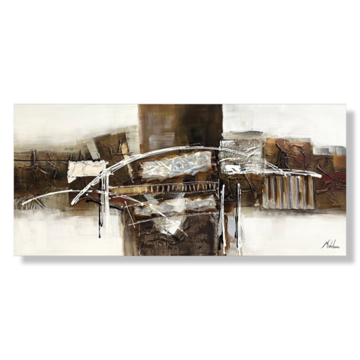 Een abstract schilderij in aardse kleuren.