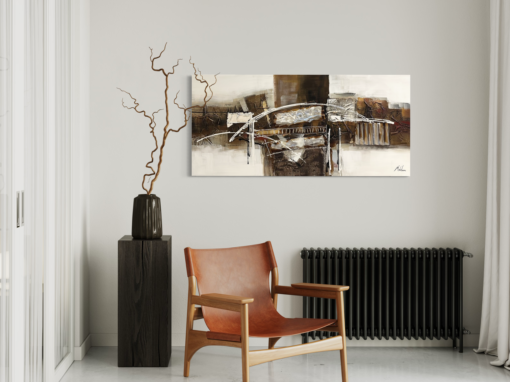 Een abstract schilderij in aardse kleuren.