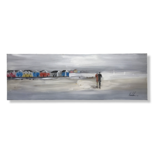 Een schilderij met een wandelend stel