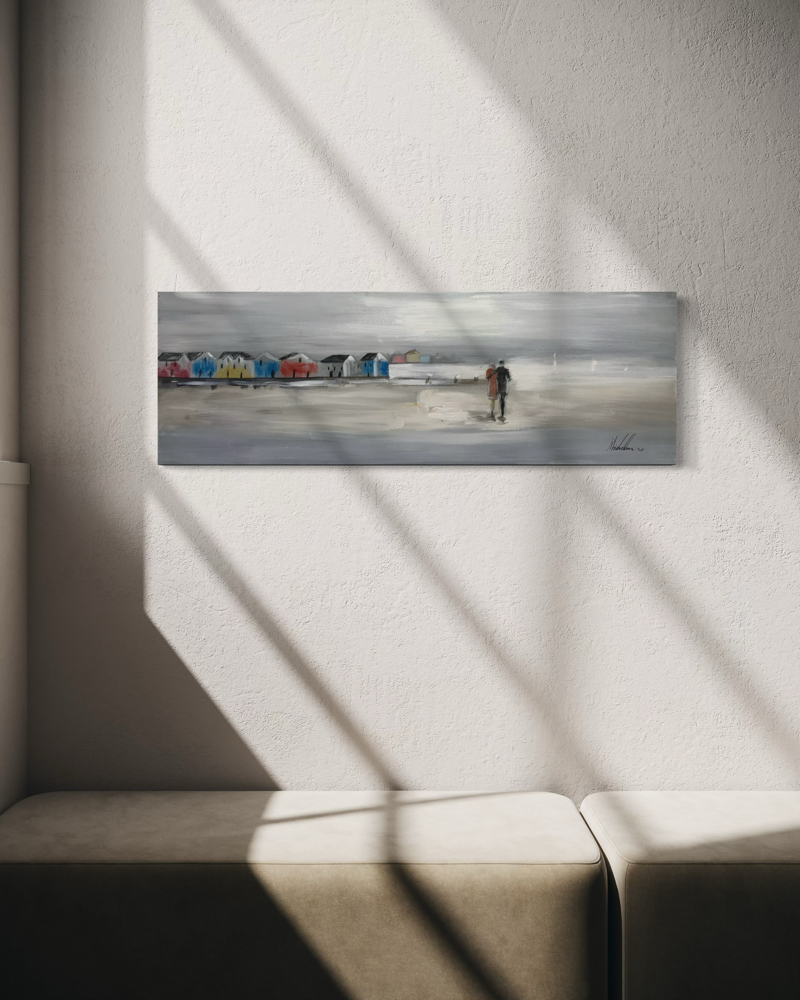 Een schilderij met een wandelend stel