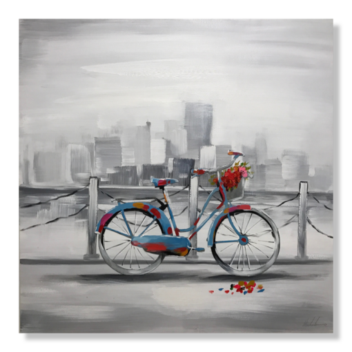 Een schilderij met een fiets