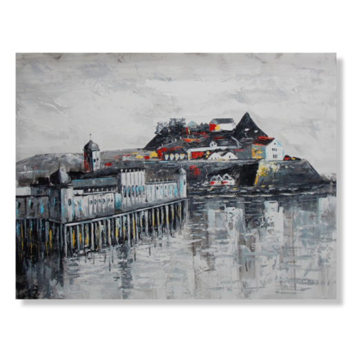 Een schilderij met het fort van Varberg