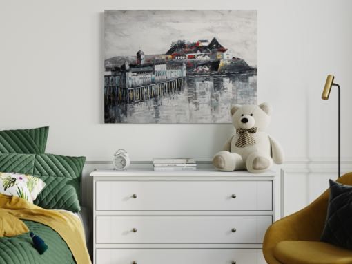 Een schilderij met het fort van Varberg