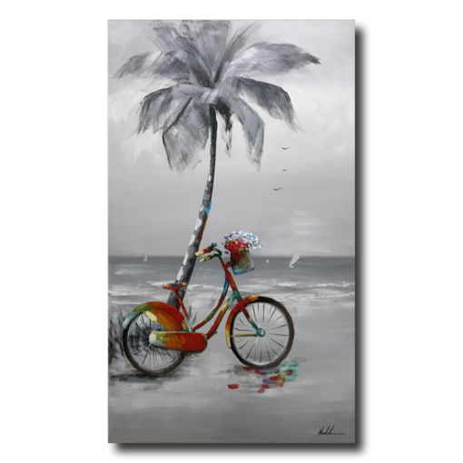 Een schilderij met een fiets en een palmboom