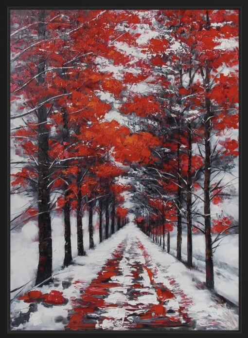 Een schilderij met rode bomen