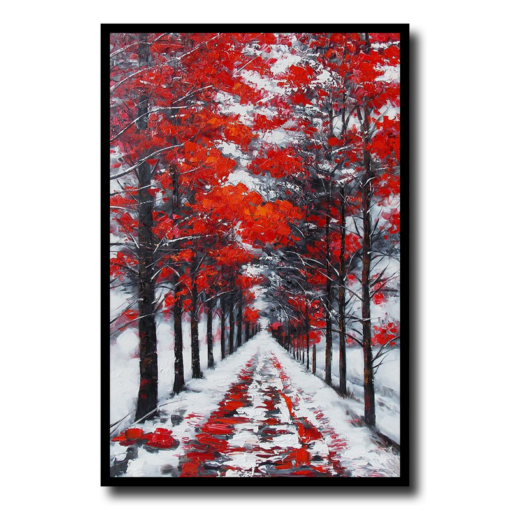 Een schilderij met rode bomen