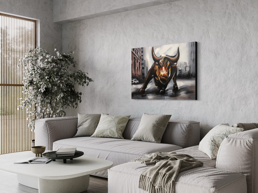 Een schilderij met een stier