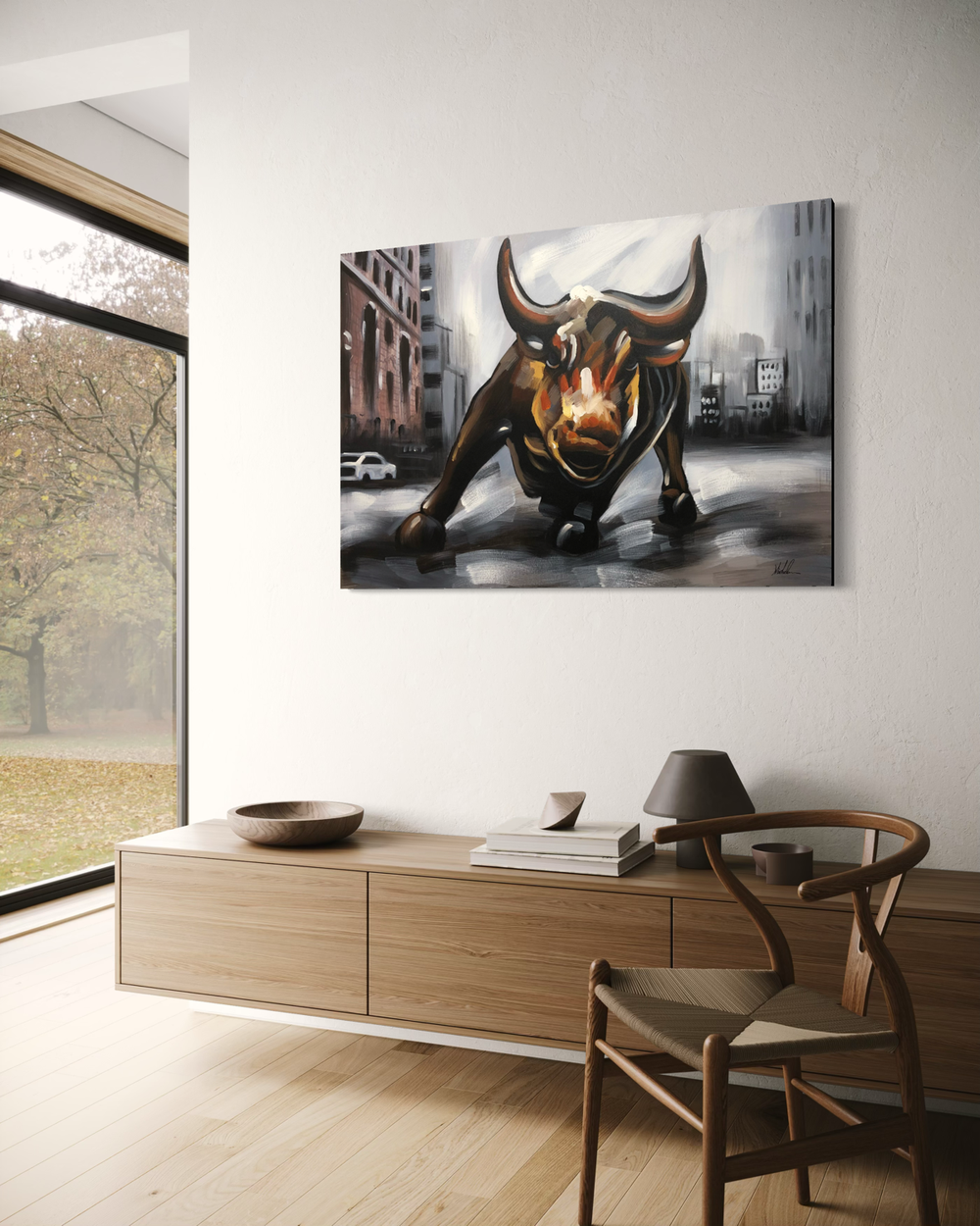 Een schilderij met een stier