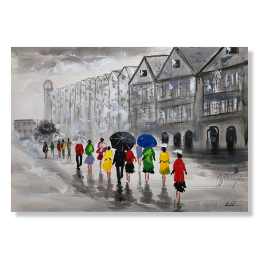 Een schilderij met de pier in Bergen