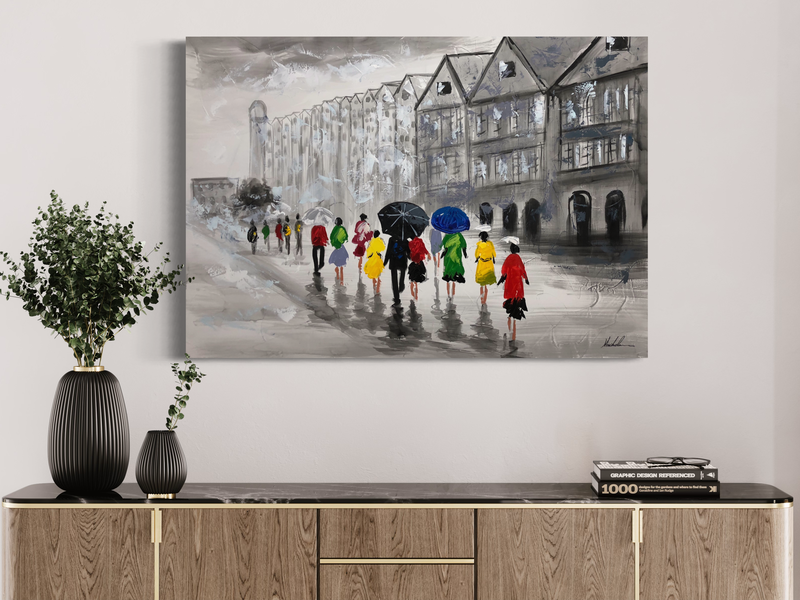 Een schilderij met de pier in Bergen
