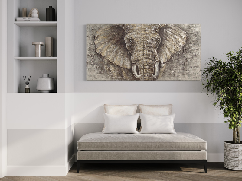 Een schilderij met een olifant
