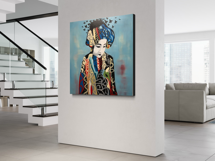Een schilderij van een Geisha