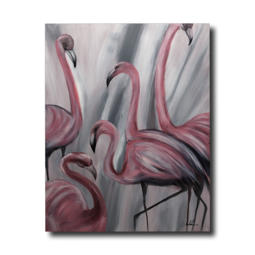 Een schilderij met flamingo's