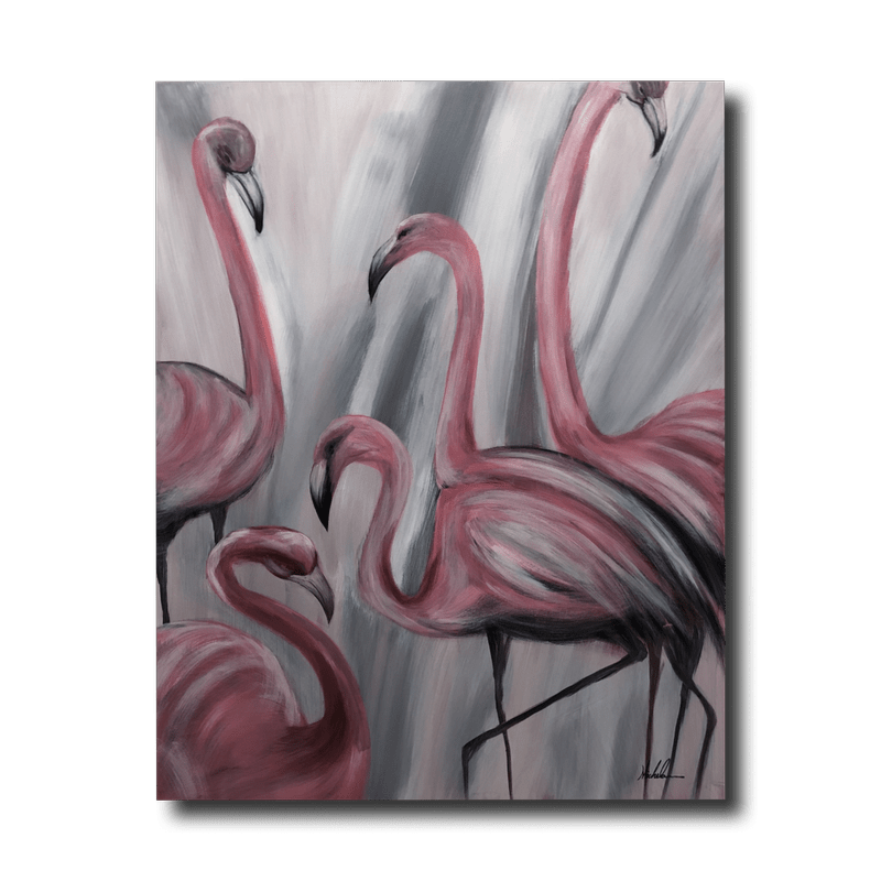 Een schilderij met flamingo's