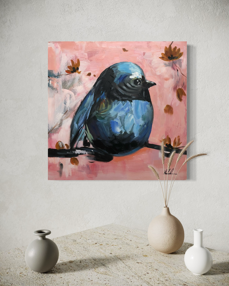Een schilderij met een vogel