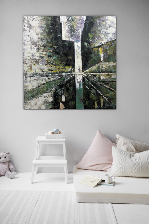 een abstract schilderij in groen en blauw
