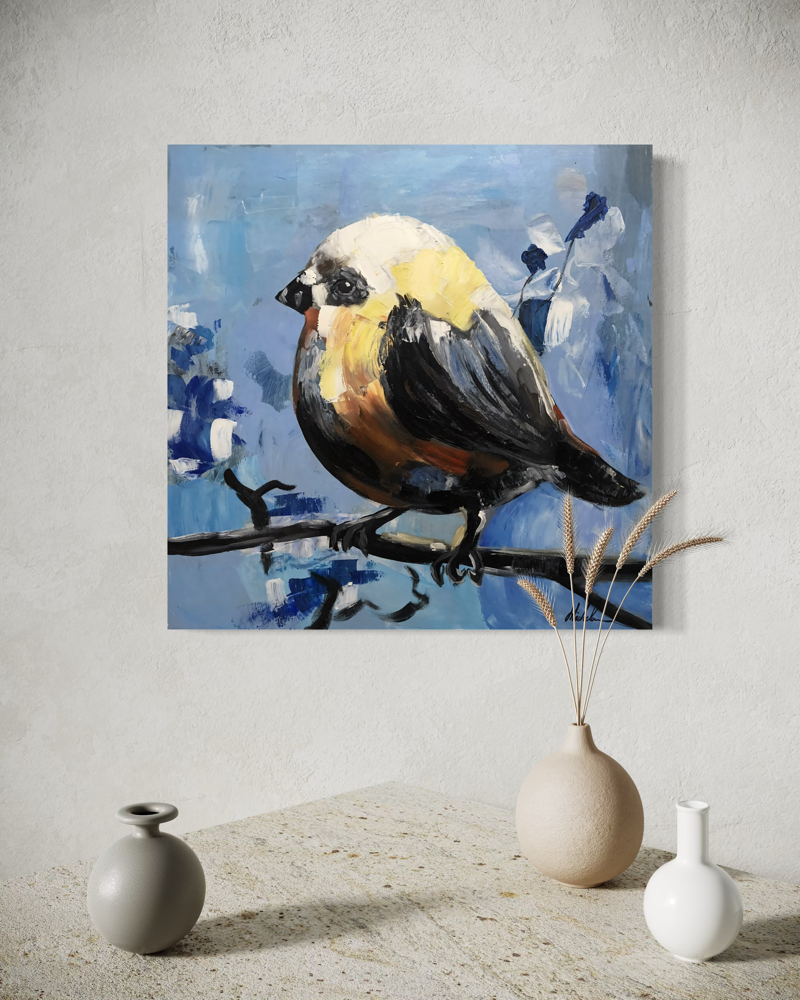 Een schilderij met een vogel