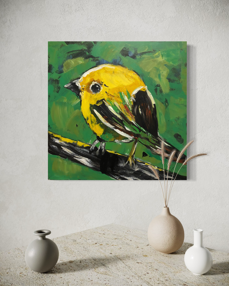 Een schilderij met een gele vogel