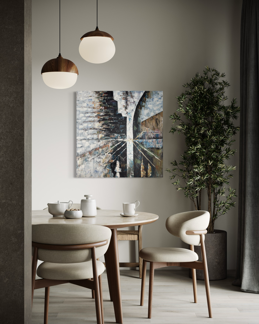 en abstrakt tavla i grönt och blått