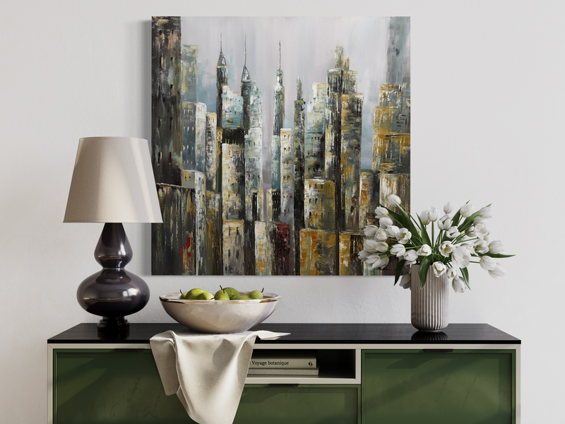 Een schilderij van wolkenkrabbers