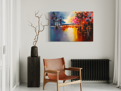 Een schilderij met een landschap