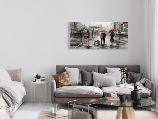 Een schilderij met een stadsmotief