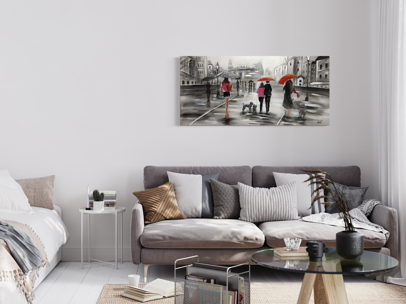 Een schilderij met een stadsmotief