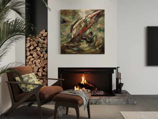 Een kunstwerk met een surfer
