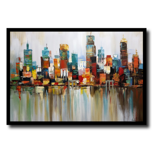 Een schilderij van een skyline