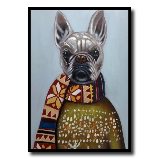 Een schilderij met een Franse bulldog