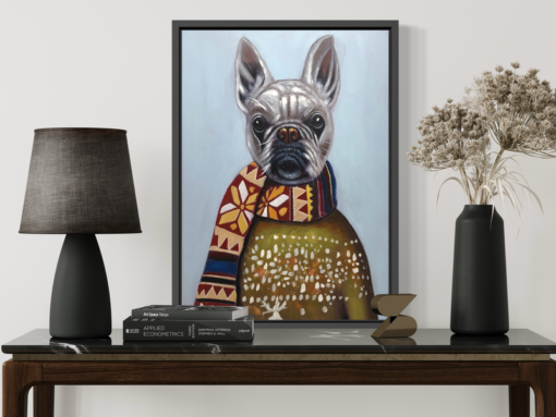 Een schilderij met een Franse bulldog