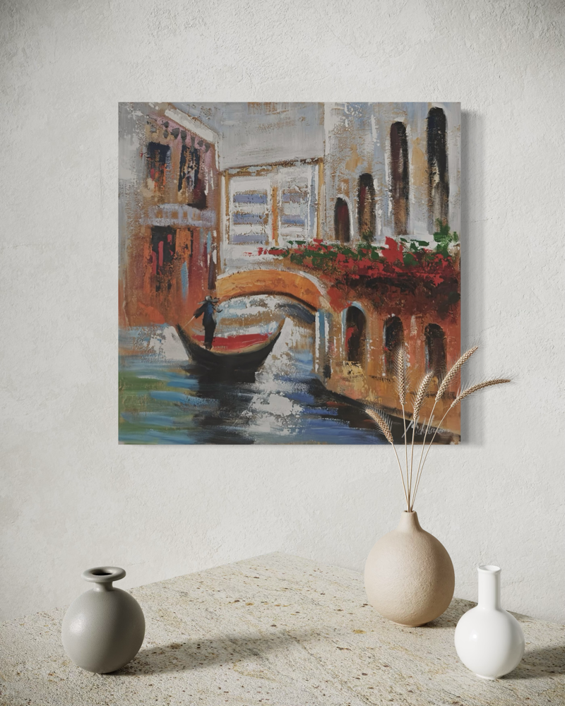 Een schilderij met een motief uit Venetië in warme tinten en een klassieke Italiaanse sfeer.
