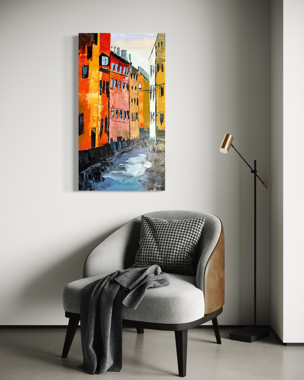 Een schilderij van een gezellig steegje