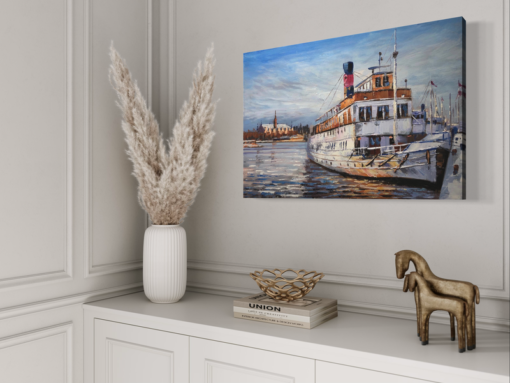 Een schilderij met een veerboot