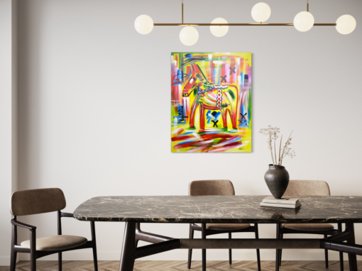 Een schilderij met een dalapaard