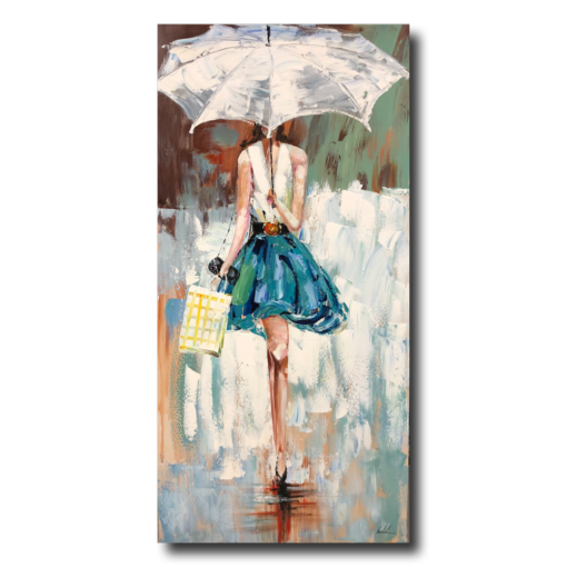 Een schilderij van een vrouw in een turquoise jurk