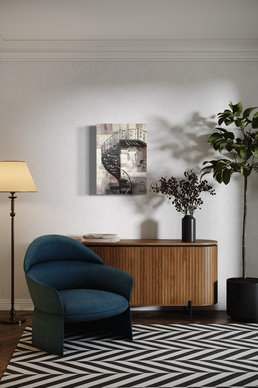 Een schilderij met een wenteltrap