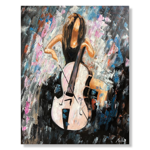 Een schilderij met een vrouw die cello speelt