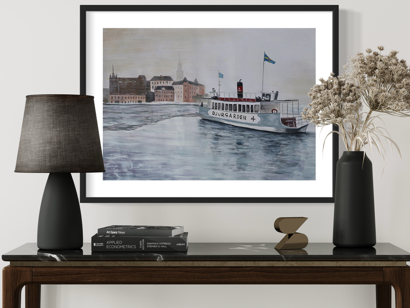 Een schilderij met een veerboot