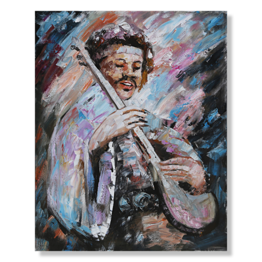 Een schilderij met een gitaar