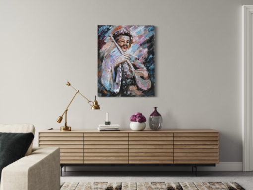 Een schilderij met een gitaar