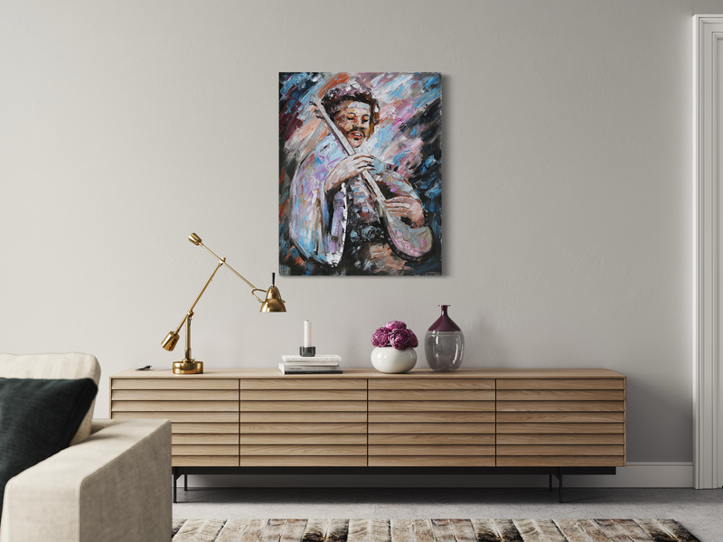 Een schilderij met een gitaar