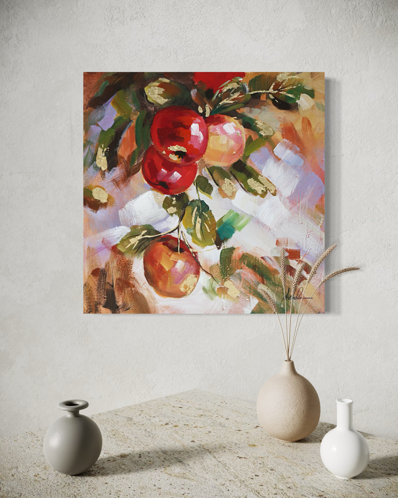 Een schilderij met appels