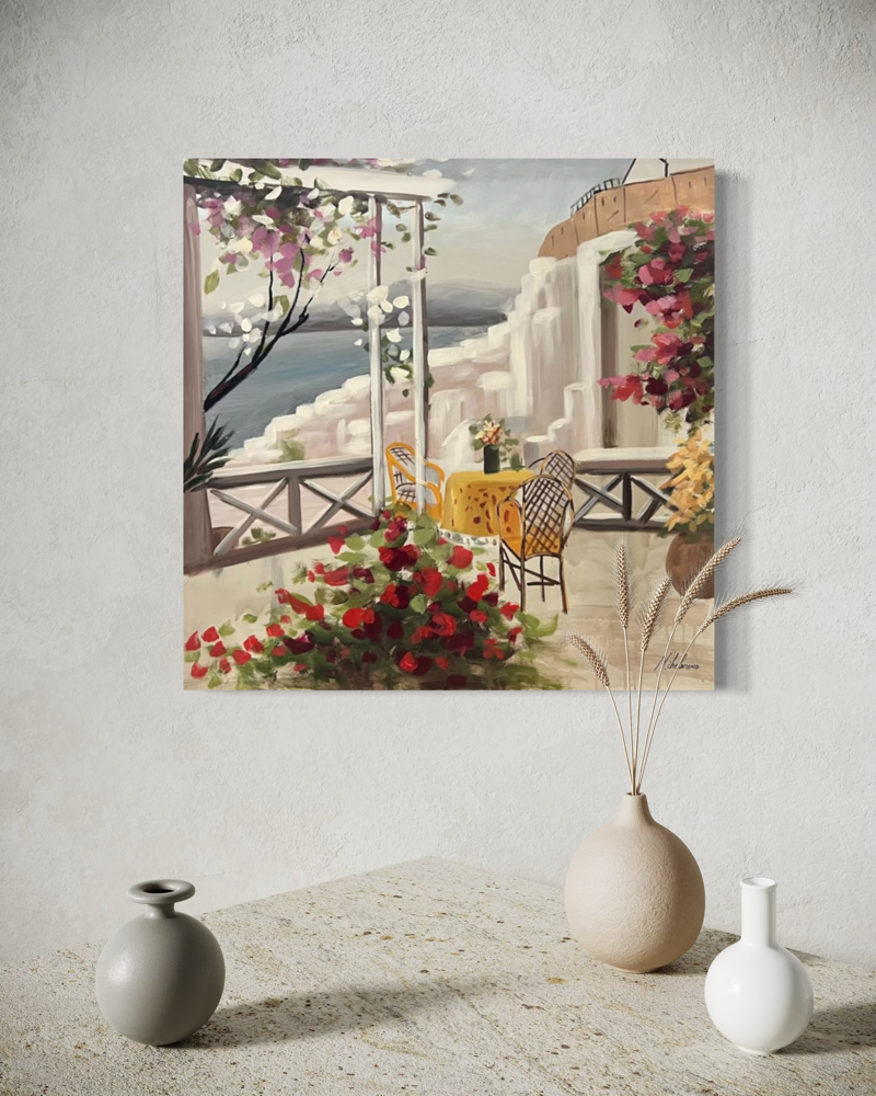 Een schilderij van een tafel met uitzicht